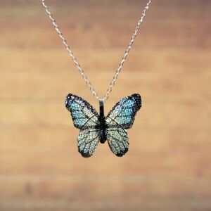 Indio Jewelry Black, Blue Silver Metal Screen Print Butterfly Necklace #7048